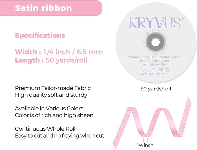 Rose Pink Satin Ribbon 1/4 inch X Continuous 50 Yards, Single Face Polyester Ribbon Perfect for Gift Wrapping, Flower Bouquet, Wedding Decor, Crafts, Bow Making, Sewing and More