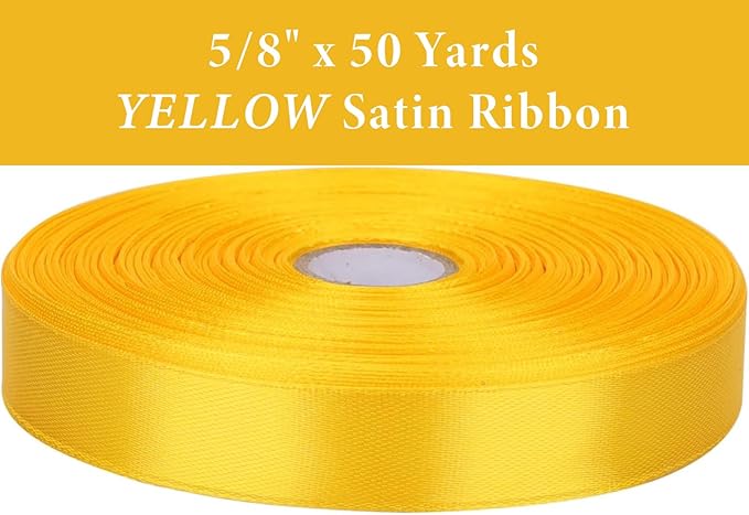 5/8 Inch Yellow Satin Ribbon 50 Yards Solid Fabric Ribbons for Gift Wrapping, Crafts and DIY Projects, Bows Making, Wedding, Party, Holiday Decor