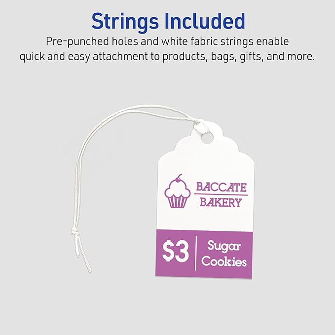 Avery Scalloped Printable Tags, Sure Feed Technology, 2" x 1.25", White, Includes String, Laser/Inkjet Printable, 180 Total, Great for Branding, Gifts, Merchandising, and More (22848)