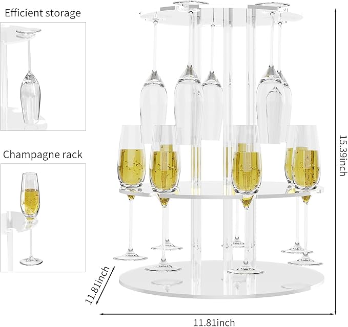Champagne Tower, Circle Acrylic Champagne Display Rack Stand with 12 Slots, 2 Tiers Floating Sight Champagne Flute Holder for Party, Wedding, School, Celebration, 11.8x11.8x15.4 inch, 2 Pcs