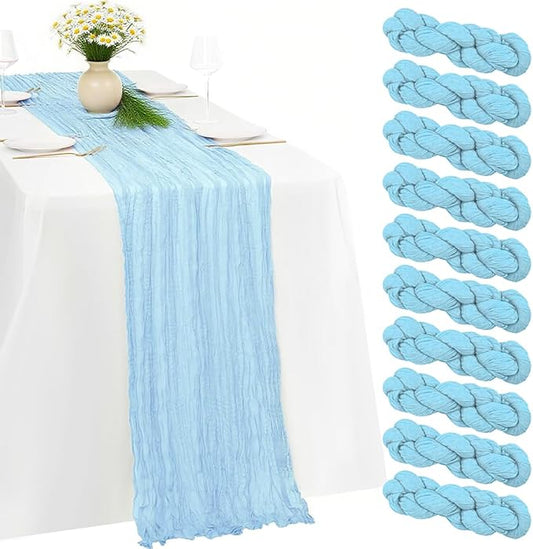 10 Pack Baby Blue Cheesecloth Table Runner -21*120Inch Long Boho Wedding Table Decor, Rustic Gauze Fabric Runner for Bridal Showers, Baby Showers & Parties (Sheer, Lightweight, Wrinkled Design)