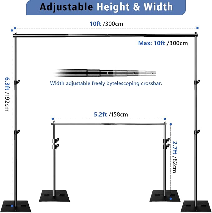 SLOW DOLPHIN Pipe and Drape Photography Backdrop Stand Kit Adjustable Photo Background Stand 10ft x 6.5ft with Metal Base for Parties Weddings Birthday Party Events Photo Booth