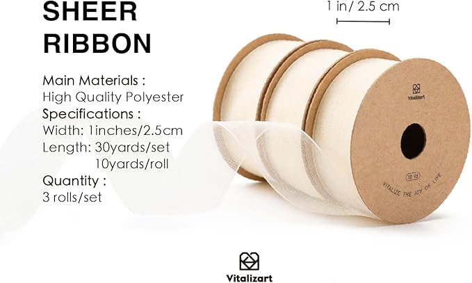 Vitalizart Ivory Cream Ribbon Organza Sheer Ribbon 1 inch x 30Yd Handmade Fabric Ribbons for Gift Wrapping Christmas Tree Crafts Bows Wedding Invitations Wreaths Wrap