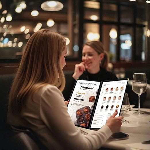 Goodsmart Restaurant Menu Covers – 25 Pack Black 4-View 8.5" x 14", Side-Loading Vinyl & Plastic Menu Holders, Clear Menu Sleeves, Leather-Style Café Covers with Gold Corners