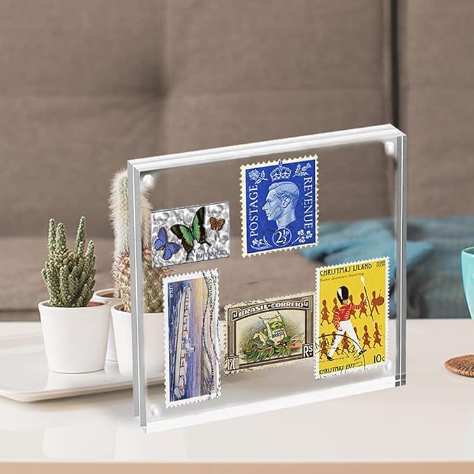 HELPLEX Acrylic Frames, 2 Pack 4x4, 20mm Thicker Frameless Clear Frame, Double Sided Magnetic, Free Standing Desktop Display