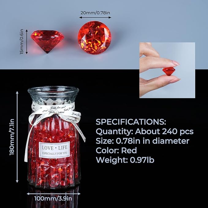 Acrylic Diamond Fake Gems Vase Filler, Babenest 240pcs 3/4 Inch Faux Diamonds Crystals Jewels for Table Scatters Wedding Party Event Arts & Crafts Birthday Decoration Favor (Red)