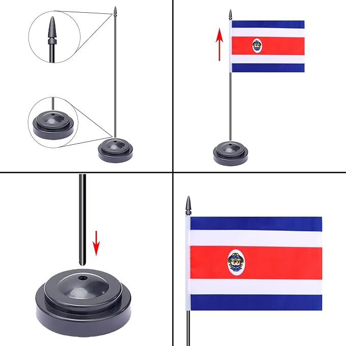 WXTWK 2 Pack Costa Rica Flag Costa Rica Deluxe Desk Flag Set - Mini Small Costa Rica Table Office Flags with Black 12" Solid Pole Stand Base Classroom Meeting Desktop Decorations