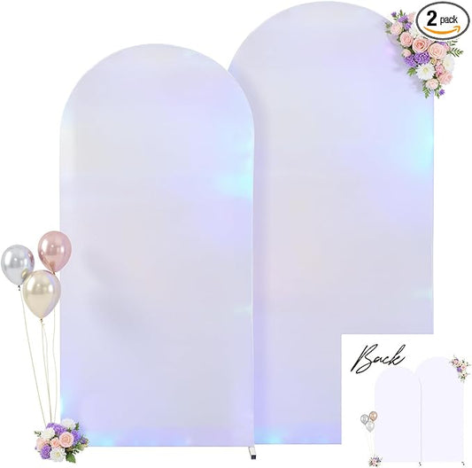 Silver and White Arch Backdrop Cover for Wedding, 7.2FT 6FT Set of 2 Stretchy Spandex Fitted Arch Stand Cover for Baby Shower, Birthday Party Decor, Chiara Backdrop Cover with Double-Sided Design