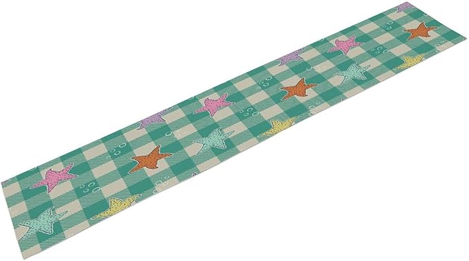 Starfish Plaid Table Flag Green Plaid and Marine Life Starfish Kitchen Table Flag Suitable for Birthday Party Restaurant Decoration Outdoor Picnic 13 * 90 Inch