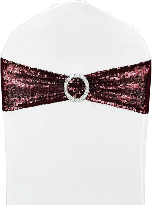 10 Pcs Sequin Chair Sashes Stretch Chair Bands Spandex Polyester Bows for Party Hotel Wedding Banquets Decoration - Burgundy