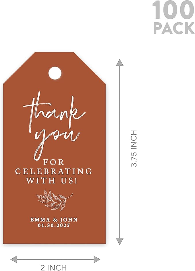 Andaz Press 100-Pack Personalized Thank You for Celebrating with Us Wedding Favor Tags with Bakers Twine Terracotta Line Design Custom Cardstock Wedding Gift Tags for Party Favors 2 x 3.75-Inches