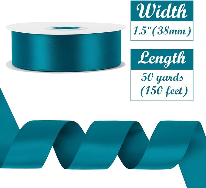 HUIHUANG Peacock Blue Ribbon 1-1/2 inch x 50 Yards Peacock Double-Faced Satin Ribbon for Christmas Gift Wrapping Crafts Bows Holiday Home Decor Wedding Decoration Flower Bouquets