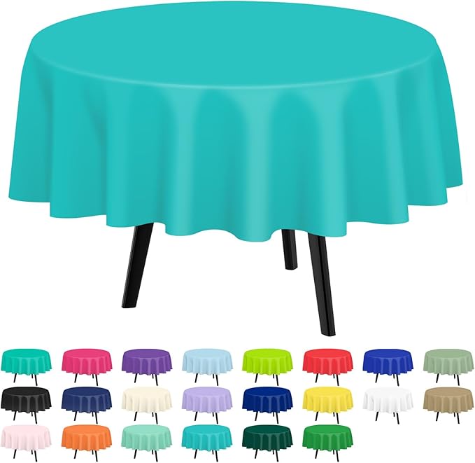 QIKSION Aqua Blue Round Tablecloth 2 Pack, 84 Inch Plastic Table Cover Disposable for Parties