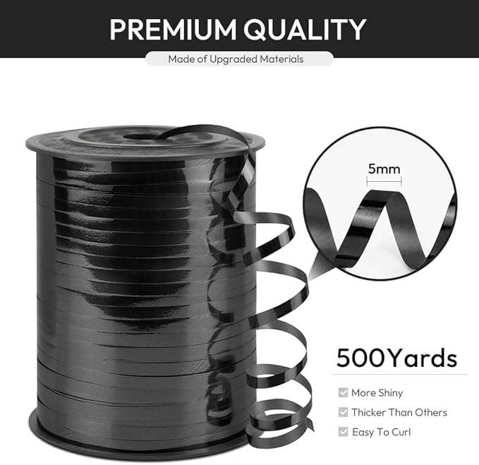 Black Curling Ribbon, 1/5" Wide x 500 Yards Christmas Curling Ribbons for Gift Wrapping, Party Decoration, Balloon String, Hair, Ribbons for Florist Flower (1 Roll)
