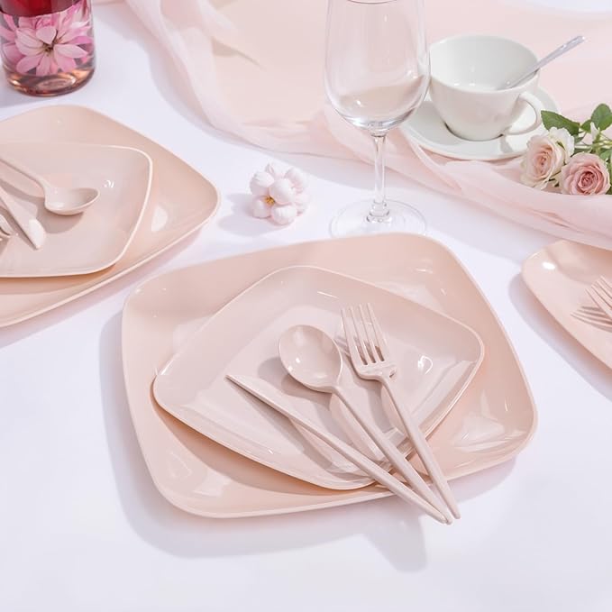 PULOTE 60PCS Pink Square Plastic Plates Disposable - Premium Quality Pink Set Include 30 Dinner / 30 Dessert Plates for Party,Wedding & Mother’s Day
