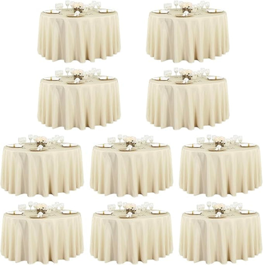LTC LINENS 10 Pack 120 Inch Round Tablecloth Beige for 60 Inch Round Table - Bulk Round Table Cover - Washable, Wrinkle Resistant Polyester Fabric Cloth for Wedding, Party