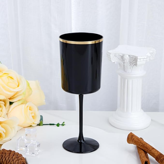 Ciaell 12 Pack 10 OZ Black Plastic Wine Glasses with Stem - Black and Gold Disposable Wine Glasses Perfect for Parties & Weddings & Toasting & Outdoors & Camping & Halloween