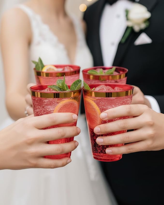 Goodluck 50PCS 14oz Red and Gold Plastic Cups for Party, Disposable Gold Rim Cups, Plastic Cocktail Glasses for Wedding Thanksgiving, Christmas, and Parties