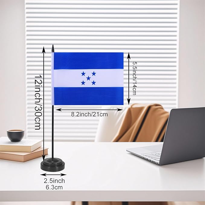 Honduras Desk Flag 12" Solid Pole Deluxe Set Hondurans Flags Banner Mini Small Honduras Office Table Flags with Black Stand Base Desktop Decorations(2Pack)
