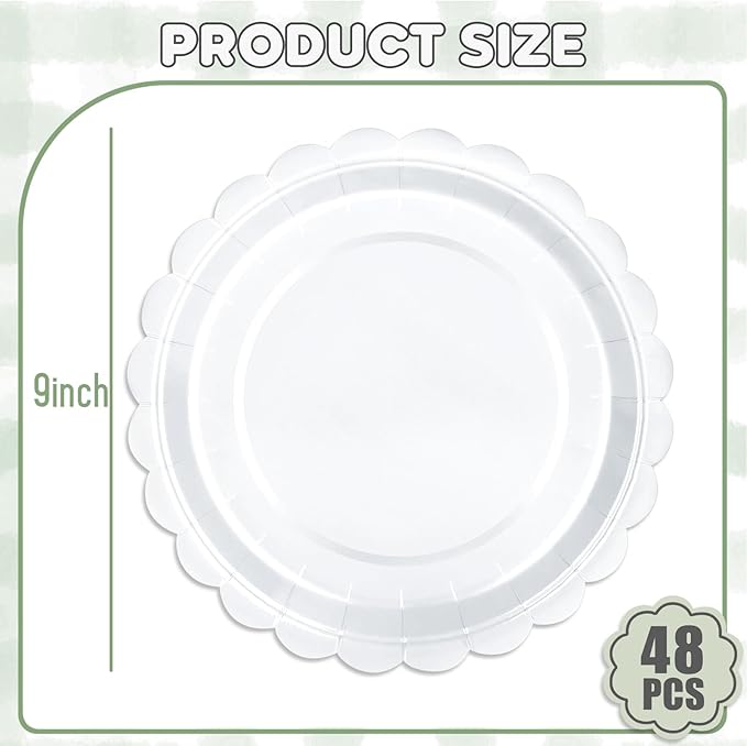 48 Pcs White Paper Plates 9 Inch Scalloped Dessert Plates - Disposable Sage Green Cake Plate - Baby Shower Birthday Party Wedding Bridal Party Supplies
