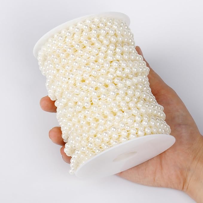 [76.7 Feet] Pearl Beads Garland, 6MM 25.5 Yards Faux Pearl Beads String Roll Bulk for DIY Craft Wedding Party Christmas Tree Decoration
