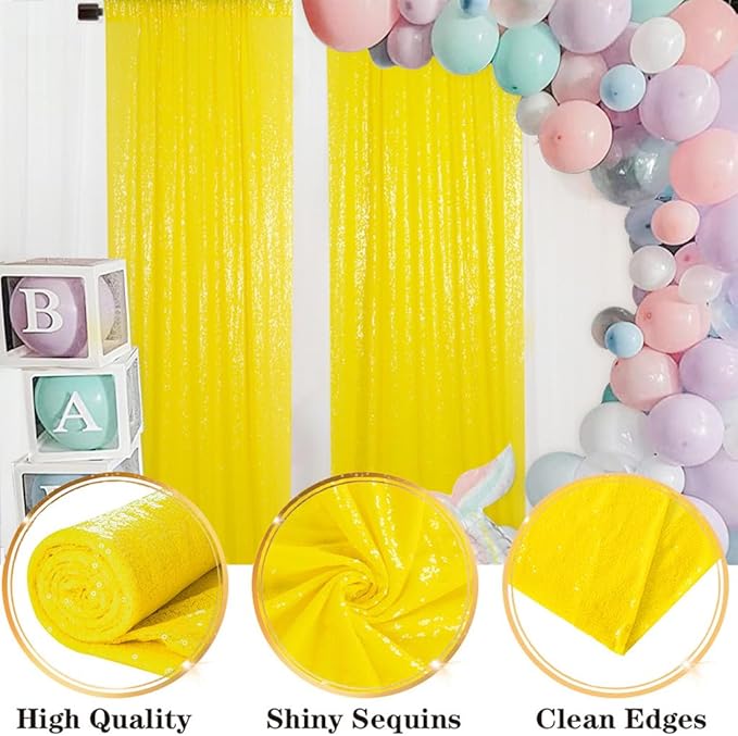 DUOBAO Sequin-Backdrop-Curtains 2 Panels 2FTx7FT Shower Backdrop Curtain Sequin Background Wedding Evening Backdrops Curtains with Rod Pockets Sequins Photo Photography(2FTx7FT, Yellow)