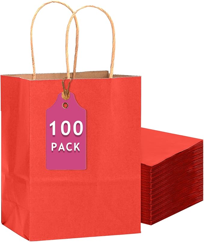 qiqee 100PCS Gift Bag with Handles Bulk Kraft Red Paper Bags Multiple Uses (13''x5 x10 inch Large Size)