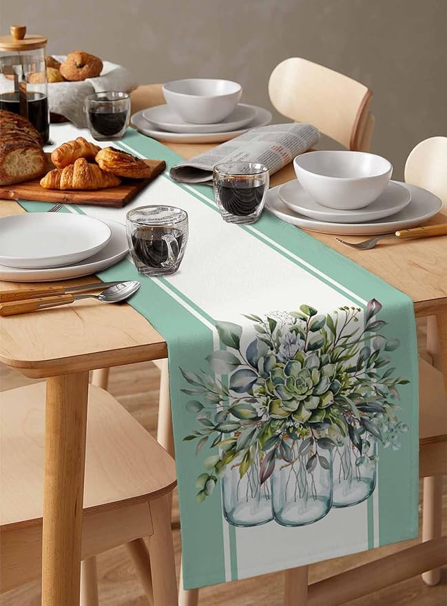 Eucalyptus Cotton Linen Table Runner for Dining Kitchen, Wedding Outdoor Party Tablerunners Decoration, Green Leaves Botanical Plants Watercolor Dresser Scarf Coffee Tablecloth Runners 13x72 Inches