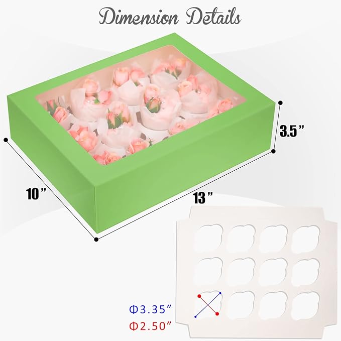 12 Cupcake Containers 10-Packs Avocado Cupcake Box Cupcakes Carrier, 12 Cupcake Boxes with Window 13"x10"x3.5"（Auto-pop up）