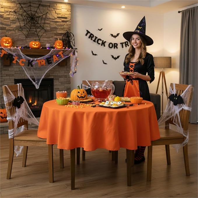 sancua Round Tablecloth - 60 Inch - Water Resistant Spill Proof Washable Polyester Table Cloth Decorative Fabric Table Cover for Dining Tables, Buffet Parties and Camping, Orange