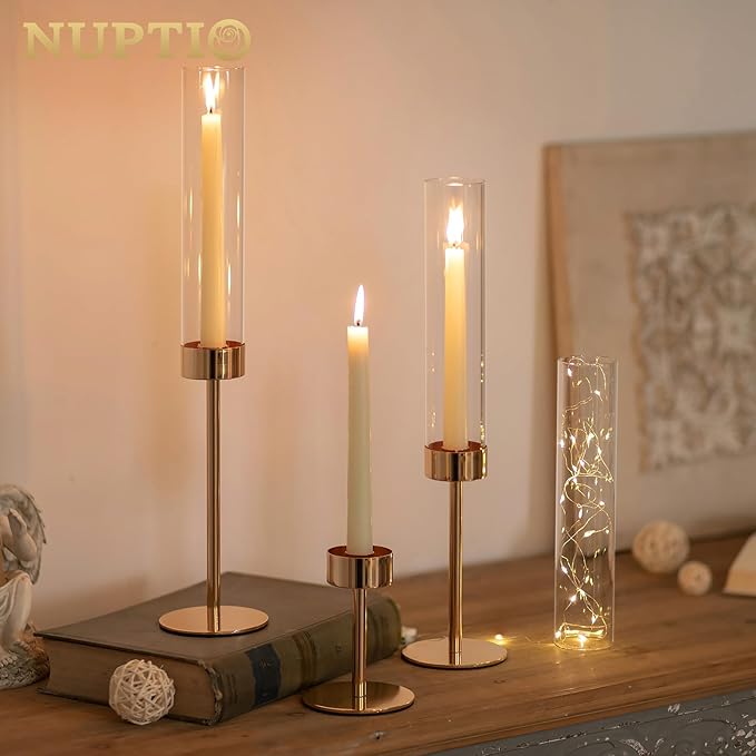 NUPTIO Hurricane Candlestick Holders for Centerpiece: Gold Taper Candles Stick Holders with Clear Glass Chimney - Tall Candleholder Set of 3 for Birthday Party Outdoor Decor