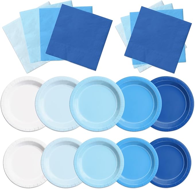 CMUSKO 150Pcs Blue Plates and Napkins-Light Blue Party Supplies Gradient Blue Disposable Tableware Serves 50 for Birthday,Baby Shower,Wedding