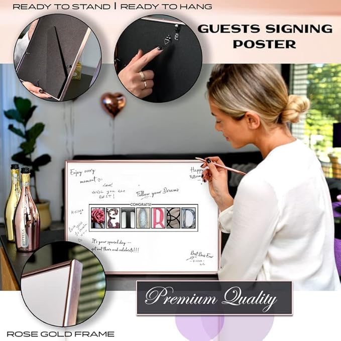 Framed Rose Gold Retirement Decorations Guest Book 12"x16" for Women - Happy Retirement Party Decorations - including Rose Gold Pen & Acrylic Glass - Unique Retired Gift