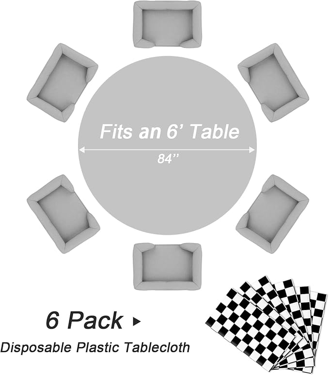 QIKSION Black and White Gingham Round Tablecloth 6 Pack, 84 Inch Plastic Checkered Table Cover Disposable for Parties