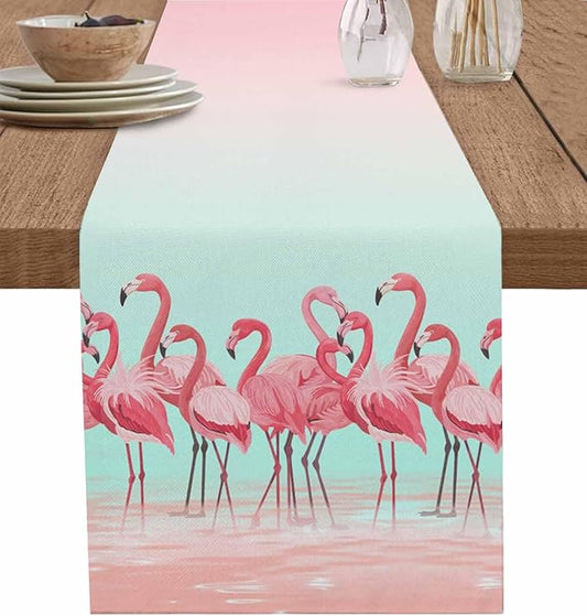 Tropical Flamingo Cotton Linen Table Runner for Dining Kitchen, Wedding Outdoor Party Tablerunners Decoration, Pink Bird Coastal Nautical Animal Dresser Scarf Coffee Tablecloth Runners 13x72 Inches
