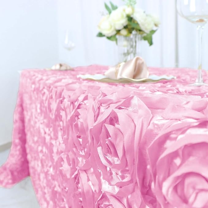 Efavormart 90"x132" Wholesale Rectangle Table Cover Pink Grandiose Rosette 3D Satin Tablecloth for Wedding Party Event Decoration