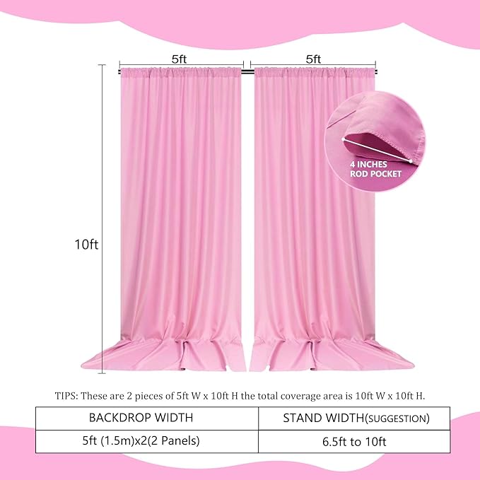2 Panels Pink Backdrop Curtain, 10 x 10 Feet Background Curtains for Parties, Weddings, Baby Showers, Bachelorette Halloween, Christmas Birthday Party Photoshoot Backdrop Curtains Decorations