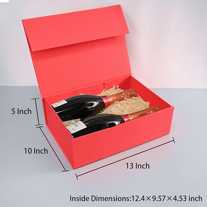 LIFELUM Christmas Gift Boxes 2 Pack 13.85 x 8.35 x 4.45 inch Large Gift Boxes with Magnetic Lids for Presents Red Gift Boxes Valentine's Gift Box Contains Card, Ribbon, Shredded Paper Filler