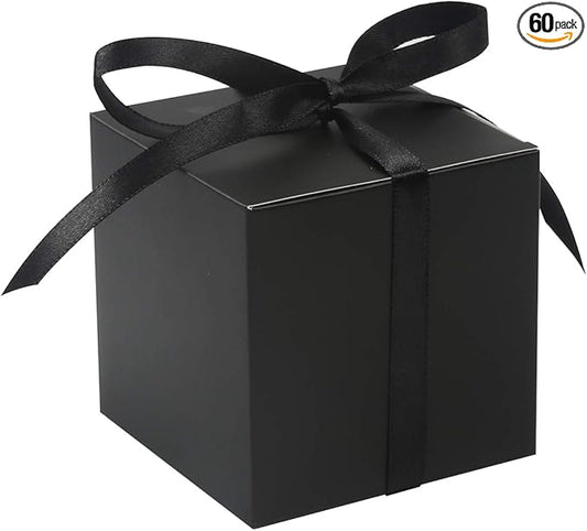 COTOPHER 60pcs Wedding Favor Boxes, Paper Gift Boxes 3x3x3 Inches Small Gift Boxes with Ribbons, Easy Assemble Boxes (Black)