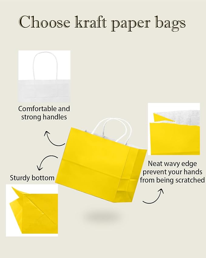 qiqee 50-Packs Bright Yellow Paper Gift Bags with Handles Bulk 12.6"x4.3"x10" Wide Large Size Party Favor Bags Multiple Uses