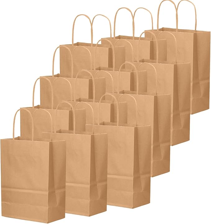 qiqee 100-Packs Brown Paper Gift Bags with Handles Bulk 7.6"x4.75"x10.5" Medium Size Gift Bags Multiple Uses