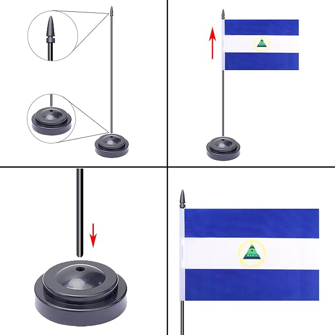 WXTWK 2 Pack Nicaragua Flag Nicaragua Deluxe Desk Flag Set - Mini Small Nicaraguans Table Office Flags with Black 12" Solid Pole Stand Base Classroom Meeting Desktop Decorations