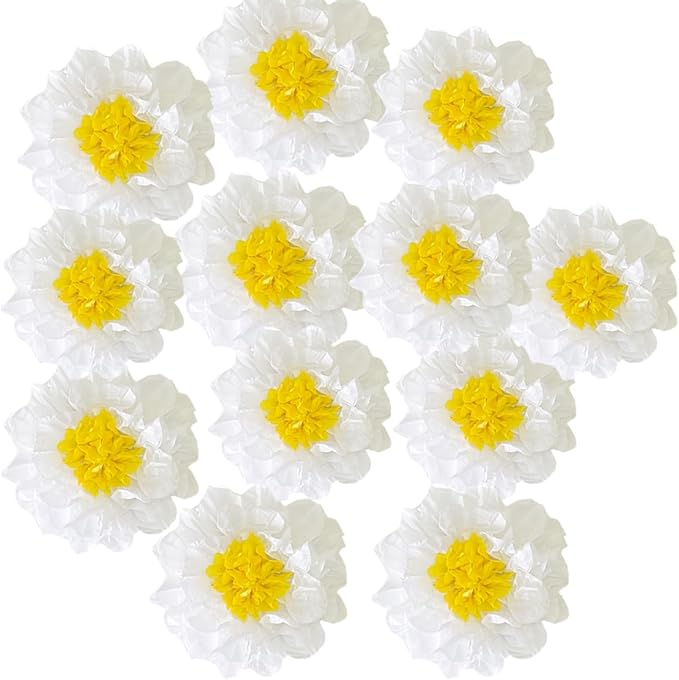12pcs 8in 10in White Yellow Paper Flowers Tissue Flowers Pom Paper Pom Poms Hanging Paper Flowers Wall Backdrop Wedding Party Flower Decorations DIY Art Craft Blooms for Birthday Baby Shower Decor