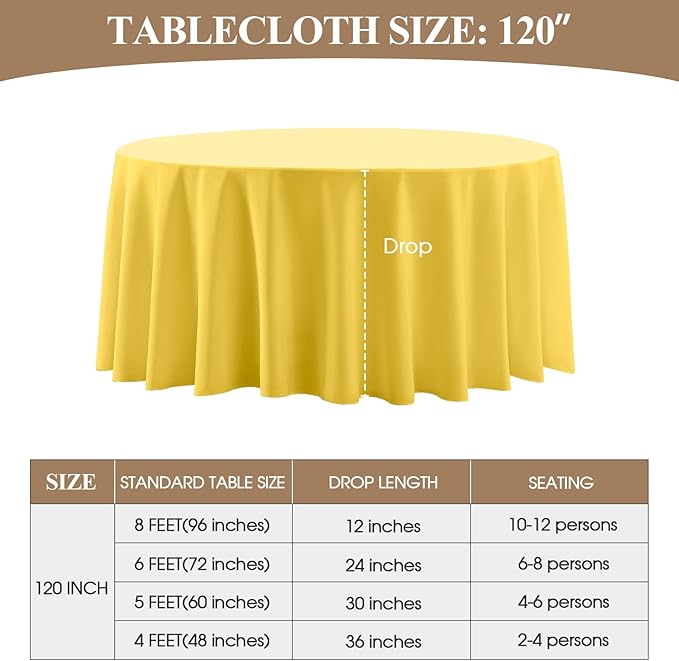 Round Tablecloth 120 Inch 2 Pack Yellow Tablecloths Washable Decorative Linen Polyester Table Clothes Cover for Dining Table Banquets Buffet Parties and Wedding