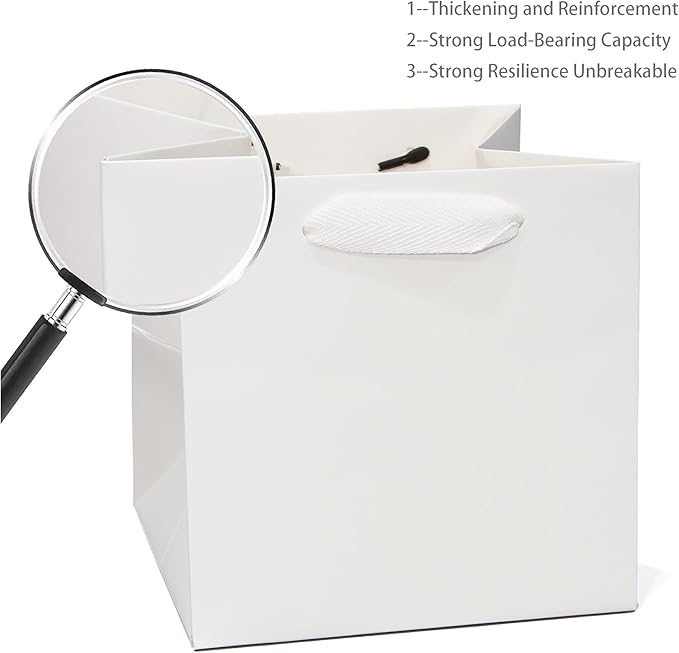 White Paper Gift Bag 4 x 4 Gift Box Small Square Bottom Paper Bags with Handles for Wedding Baby Shower Birthday Party (White, 4 x 4 x 4 in, 10 CT)