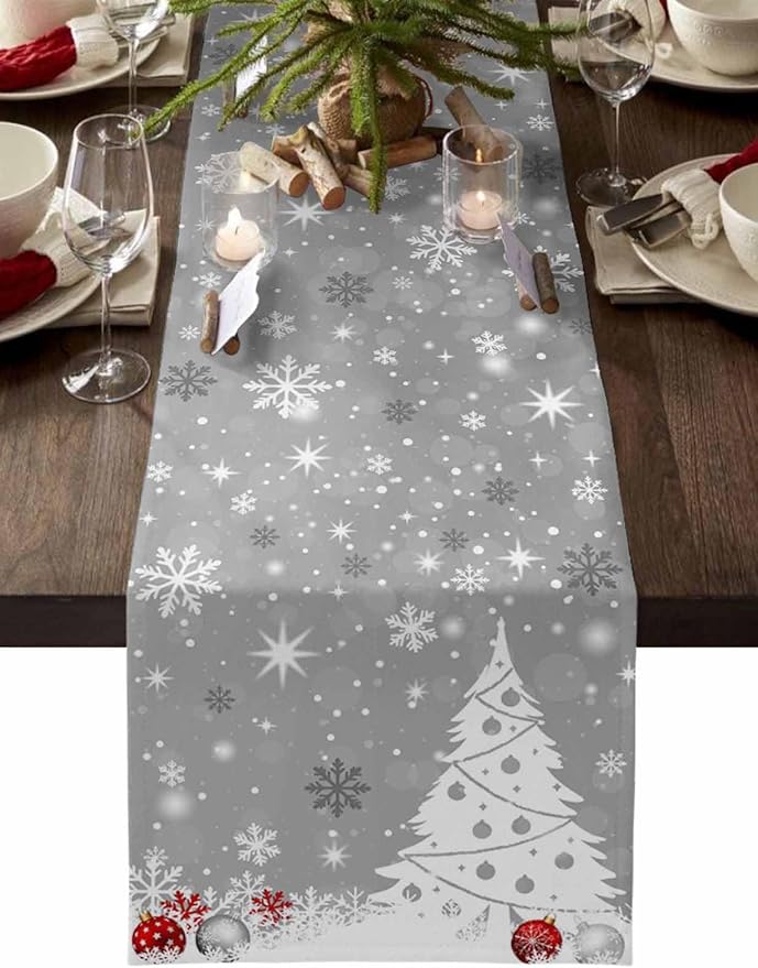 Christmas Snowflakes Cotton Linen Table Runner for Dining Kitchen, Xmas Tree Snow Winter Wedding Outdoor Party Tablerunners Decoration, Grey Balls Dresser Scarf Coffee Tablecloth Runners 13x108 Inches