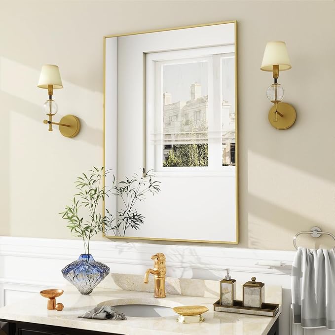 BEAUTYPEAK Gold Bathroom Wall Mirror - 24" x 36" Rectangular Mirror with Metal Frame, Hangs Horizontal or Vertical for Living Room Bedroom Bathroom Entryway