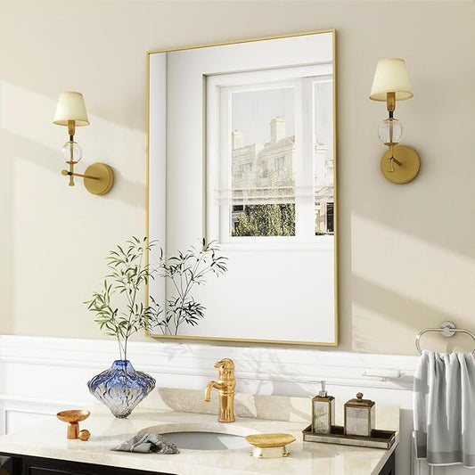 BEAUTYPEAK Gold Bathroom Wall Mirror - 20" x 28" Rectangular Mirror with Metal Frame, Hangs Horizontal or Vertical for Living Room Bedroom Bathroom Entryway