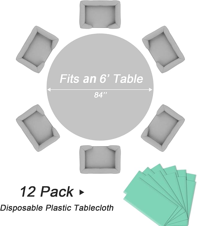 QIKSION Fresh Mint Round Tablecloth 12 Pack, 84 Inch Plastic Table Cover Disposable for Parties