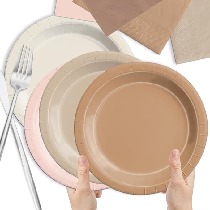 CMUSKO Boho Baby Shower Decorations-150Pcs Gradient Brown Plates and Napkins Kit Serves 50,Neutral Boho Party Supplies for Bridal Shower,Wedding, Birthday
